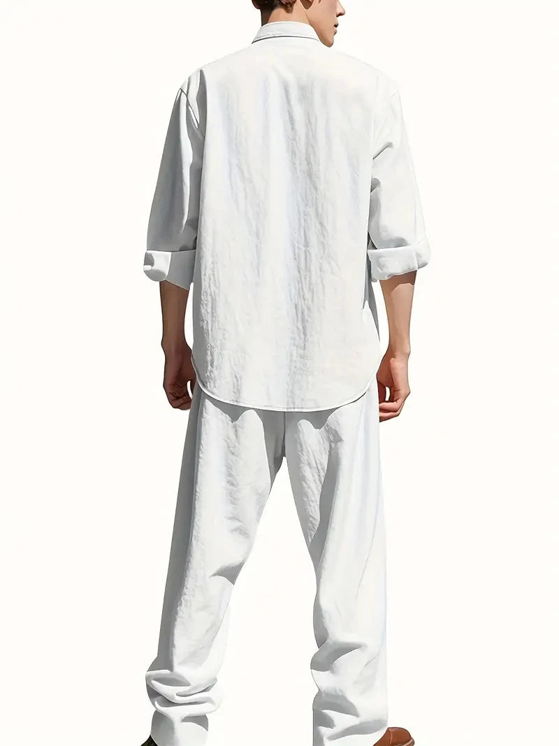 Men's Linen Two-Piece Set – Henley Shirt & Elastic Waist Trousers