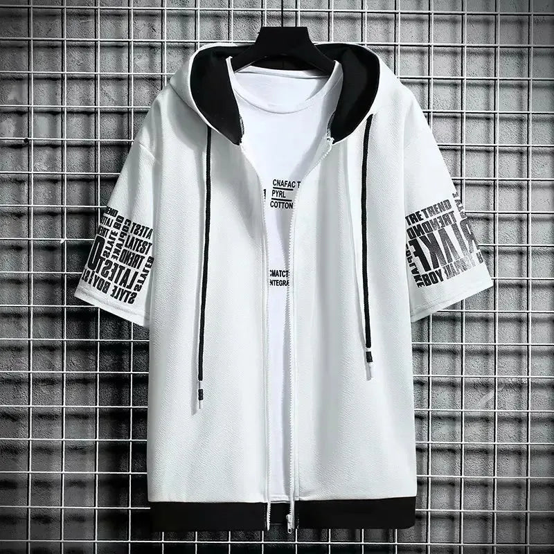 Men's Zip Hoodie T-Shirt – Graphic Print Short Sleeve Top
