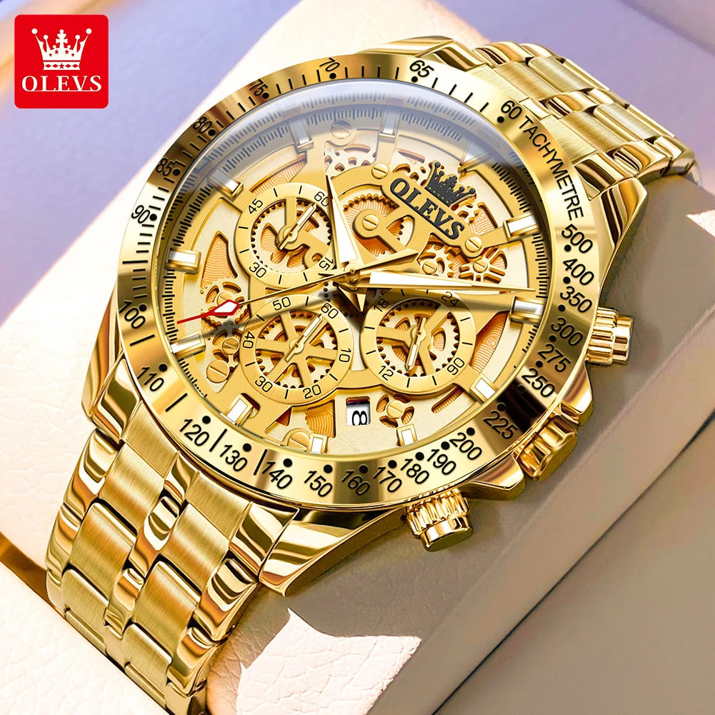 Men's Gold Skeleton Chronograph Watch – Stainless Steel Wristwatch