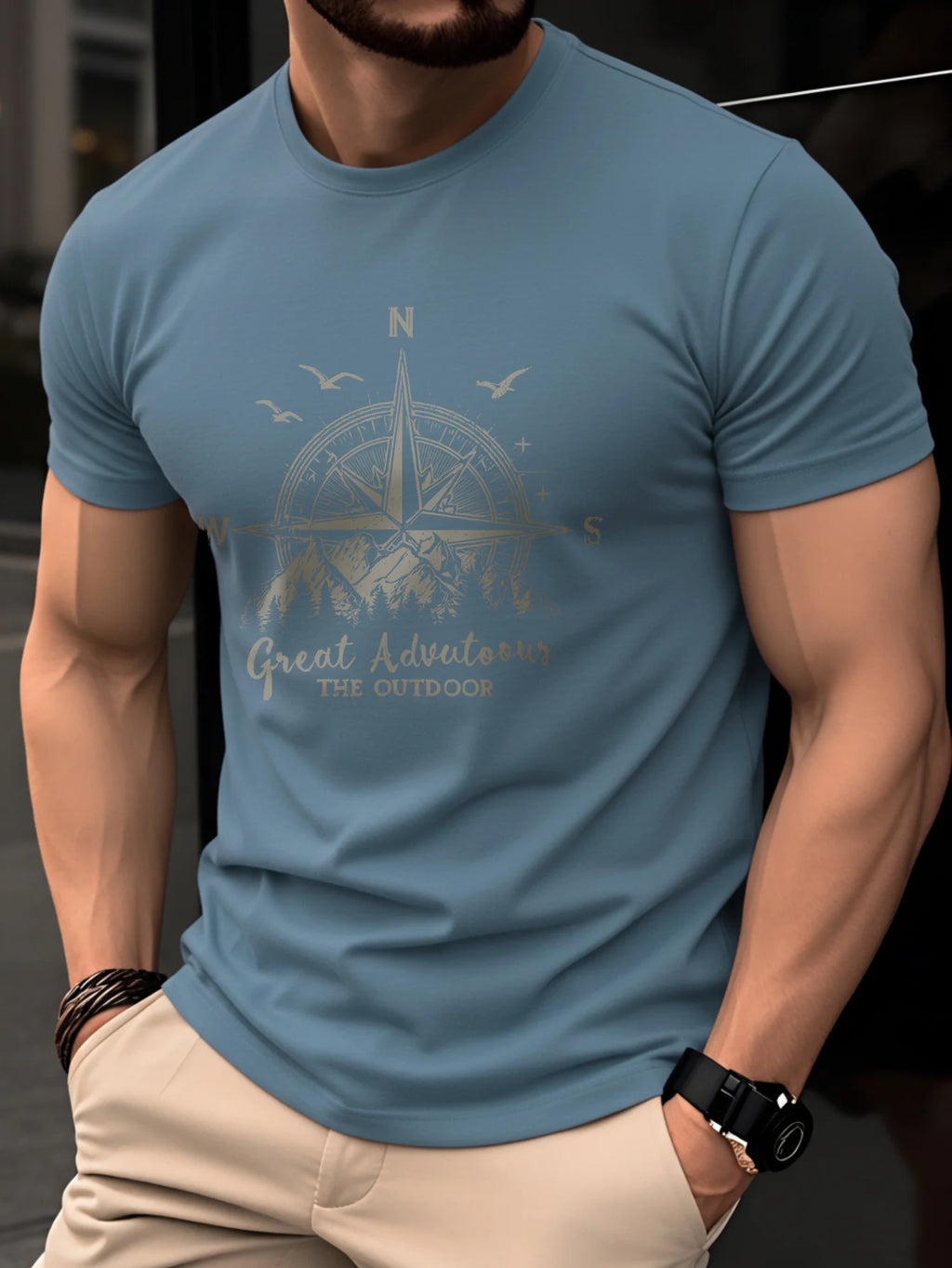 Men's Compass Print T-Shirt – Retro Cotton Graphic Tee