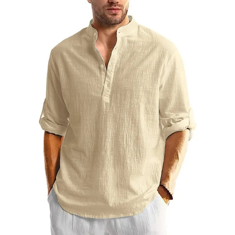Men's Linen Cotton Henley Shirt – Long Sleeve Beach Top