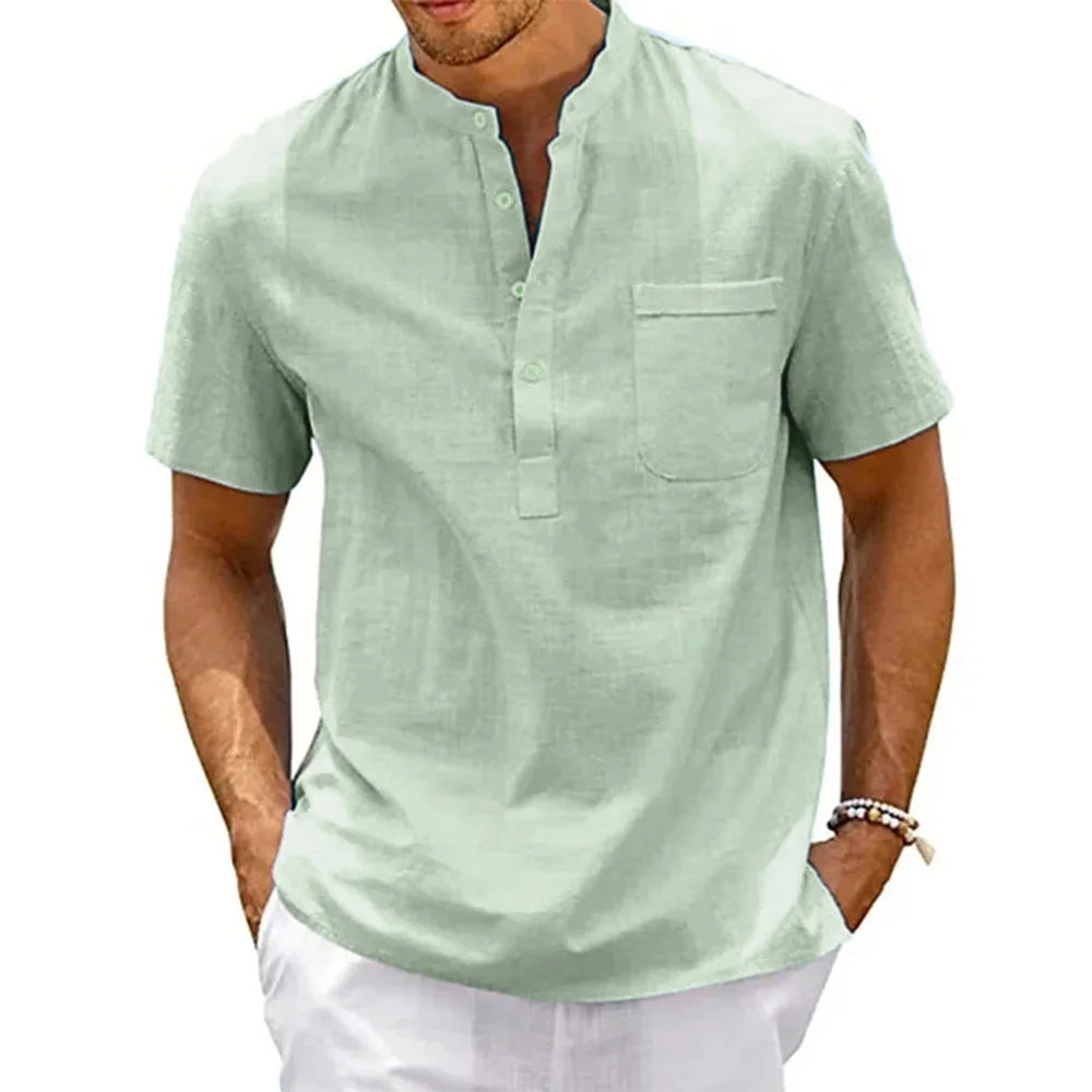 Men's Cotton Linen Henley Shirt – Casual Beach Short-Sleeve Top