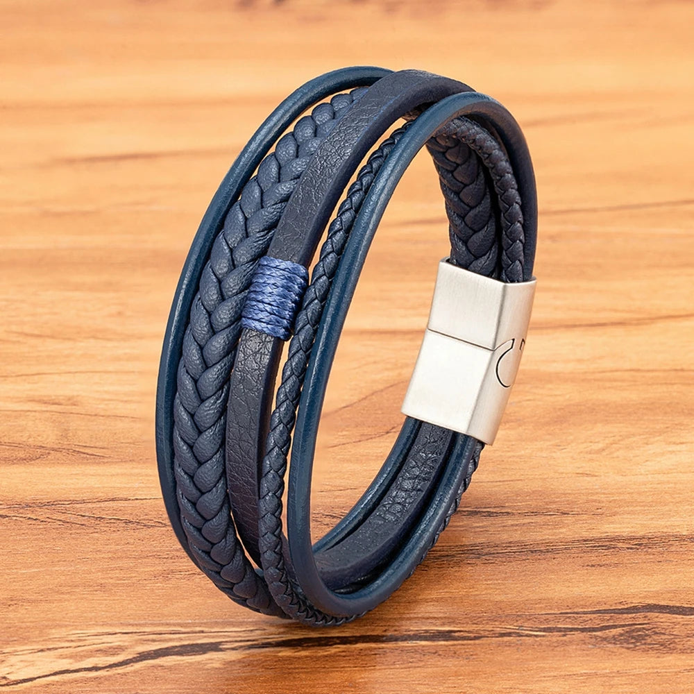 Men's Hand-Woven Leather Bracelet – Multilayer Stainless Steel Bangle