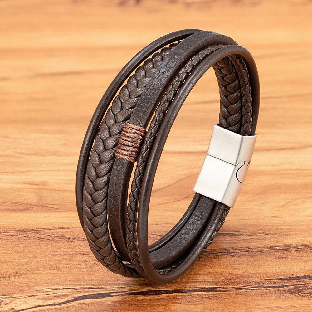 Men's Hand-Woven Leather Bracelet – Multilayer Stainless Steel Bangle