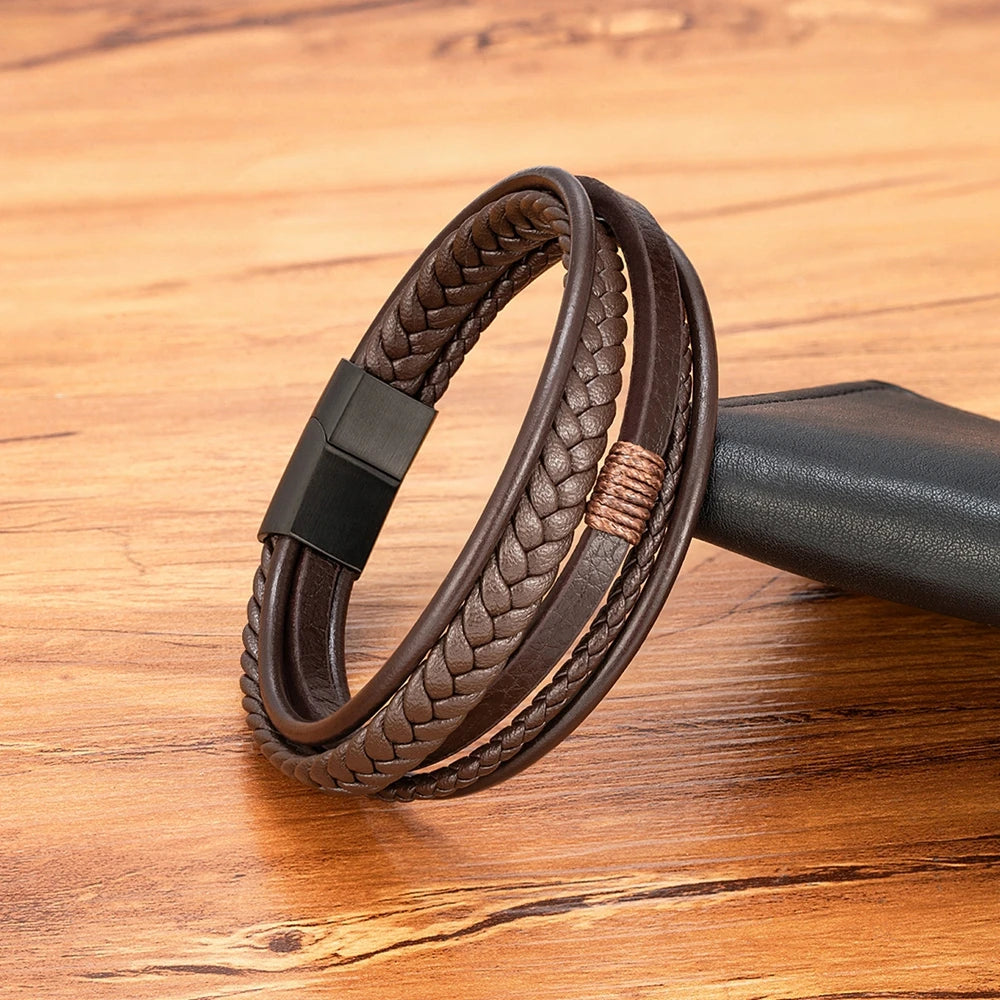 Men's Hand-Woven Leather Bracelet – Multilayer Stainless Steel Bangle