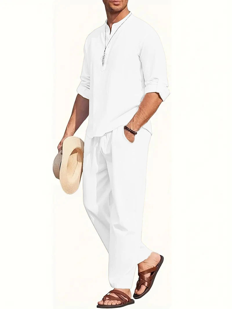 Men's Linen Two-Piece Set – Henley Shirt & Elastic Waist Trousers