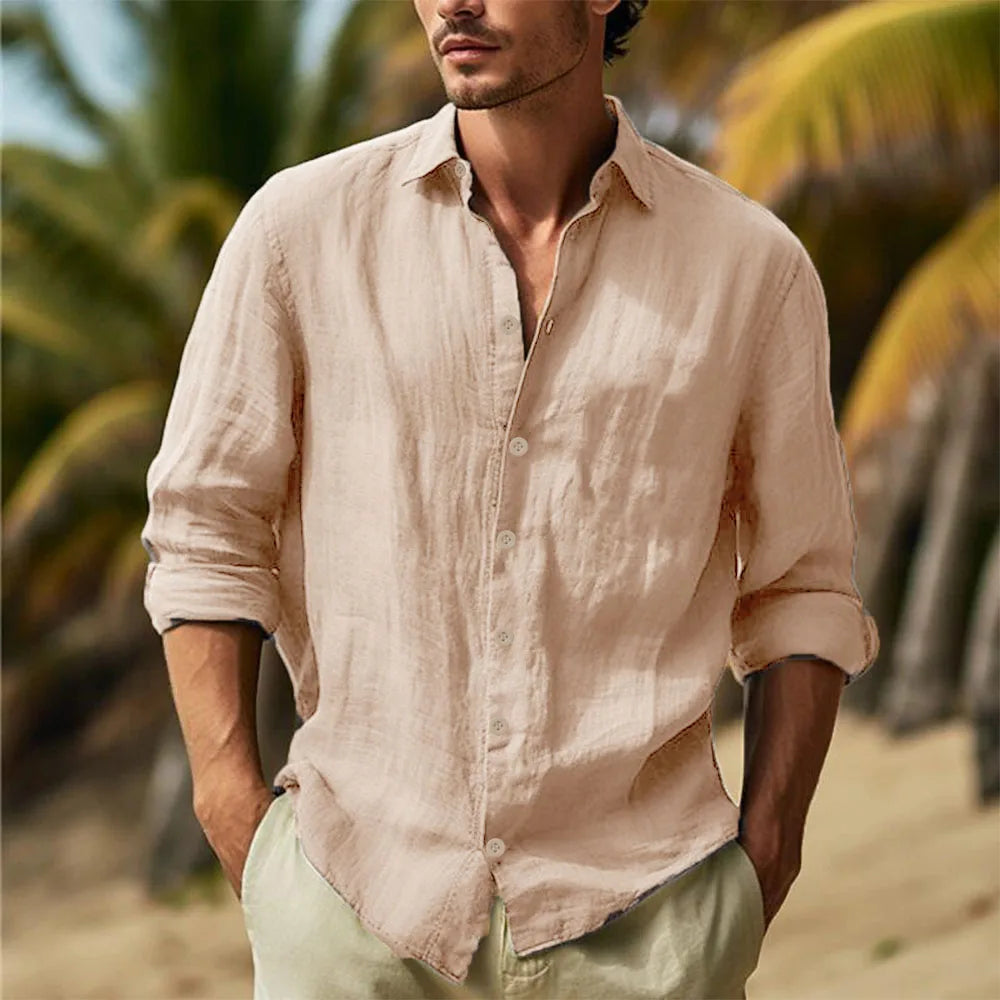 Men's Cotton Linen Hawaiian Shirt – Lightweight Turn-Down Collar