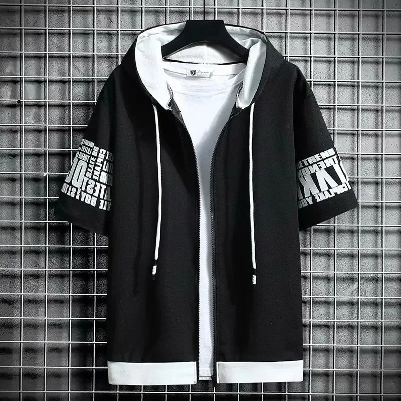 Men's Zip Hoodie T-Shirt – Graphic Print Short Sleeve Top