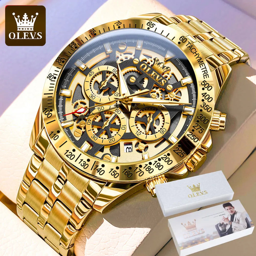 Men's Gold Skeleton Chronograph Watch – Stainless Steel Wristwatch