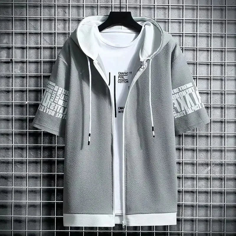 Men's Zip Hoodie T-Shirt – Graphic Print Short Sleeve Top
