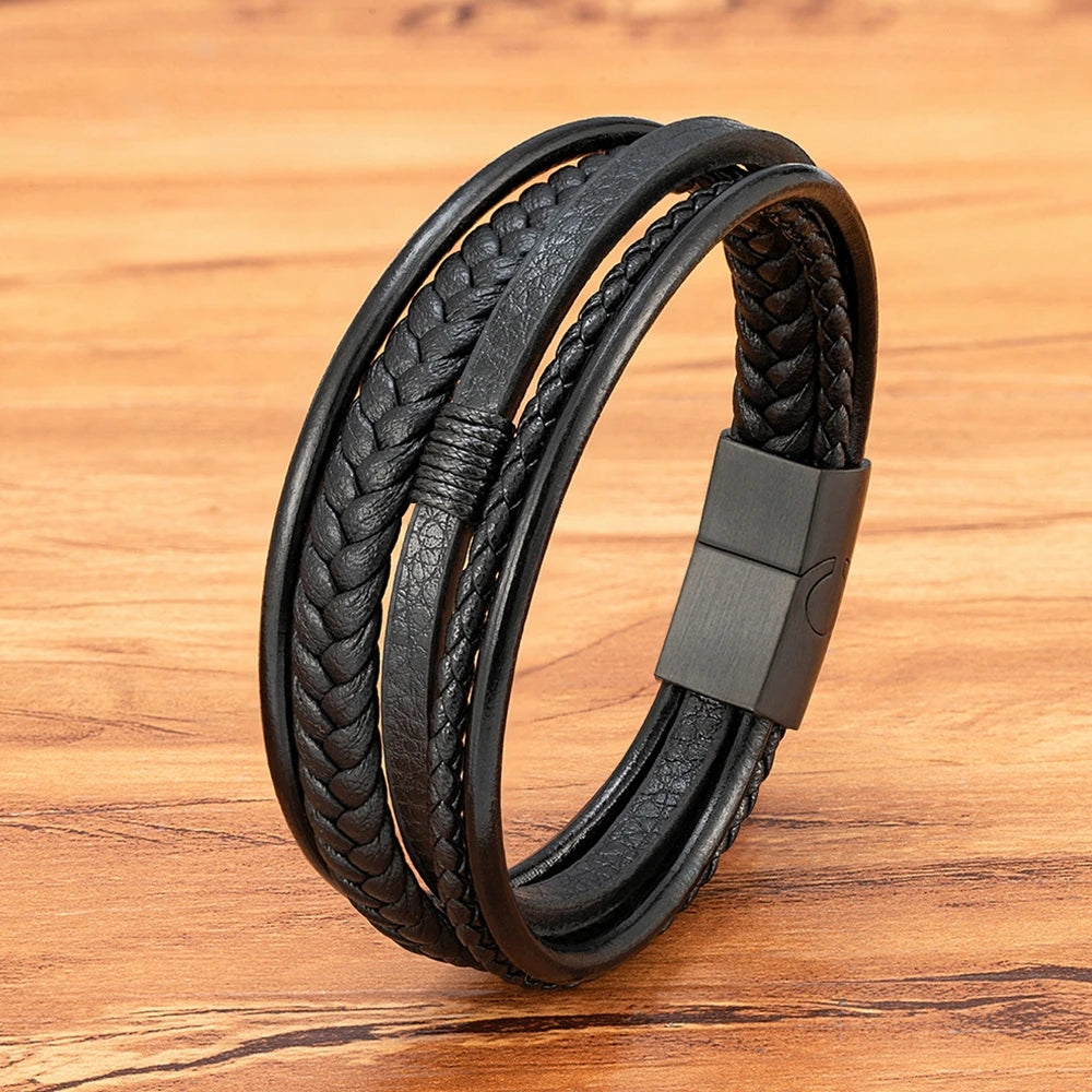 Men's Hand-Woven Leather Bracelet – Multilayer Stainless Steel Bangle