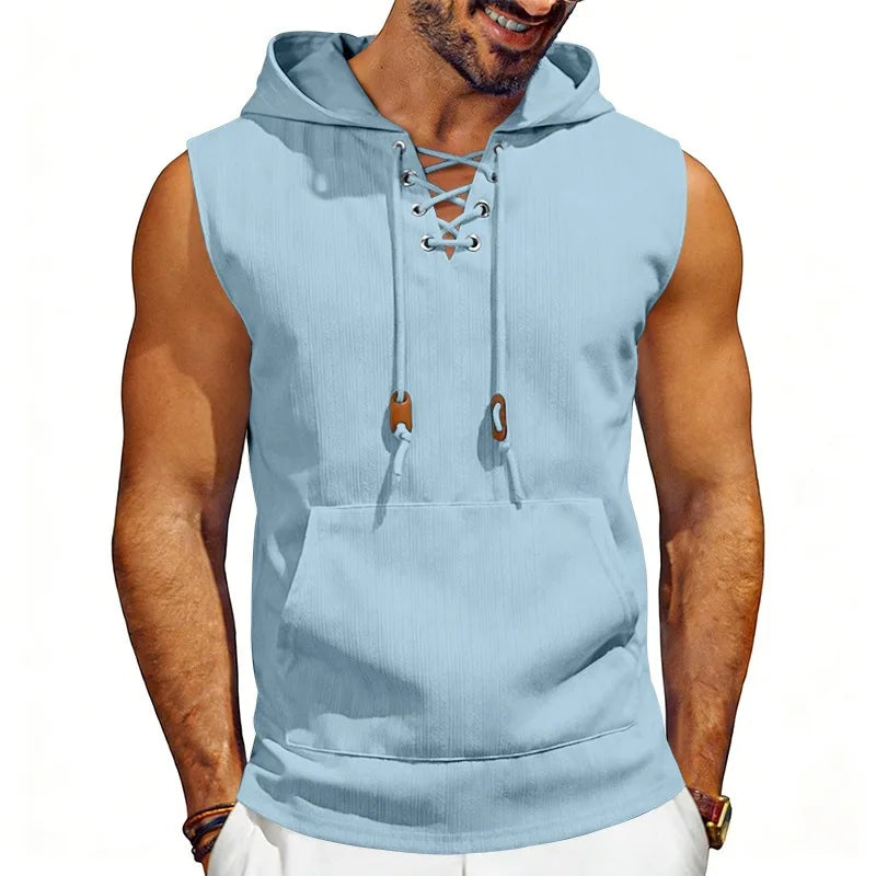 Men's Sleeveless Hooded Tank Top – Drawstring Gym Vest