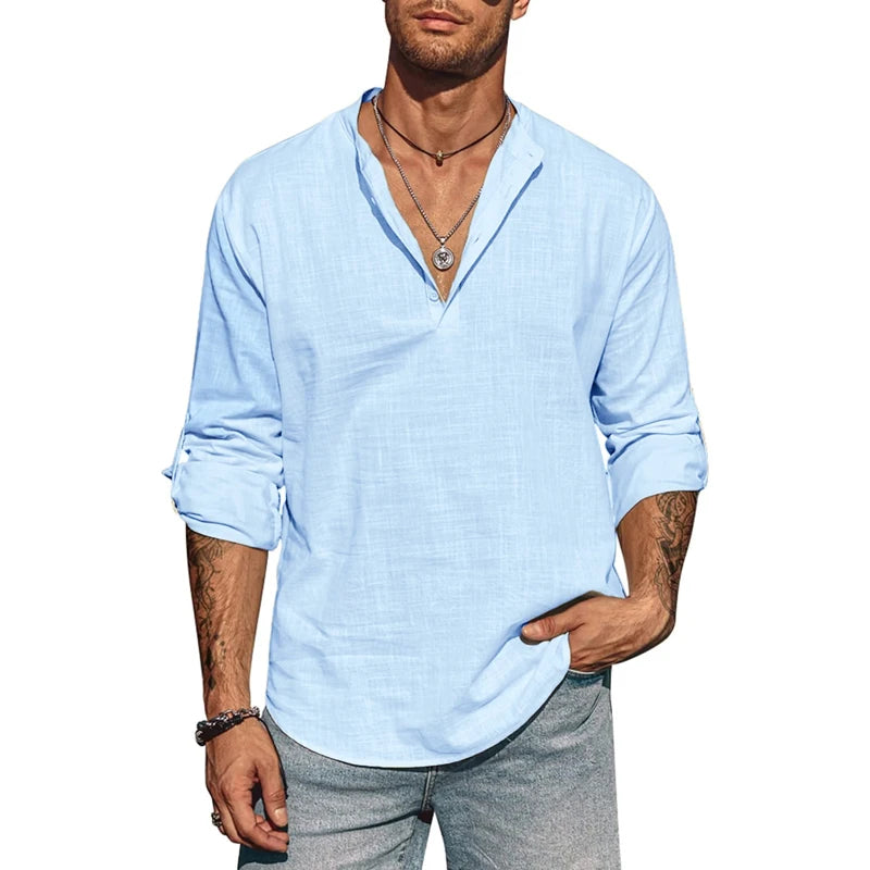 Men's Long Sleeve Stand Collar Shirt – Cotton Business Casual Top