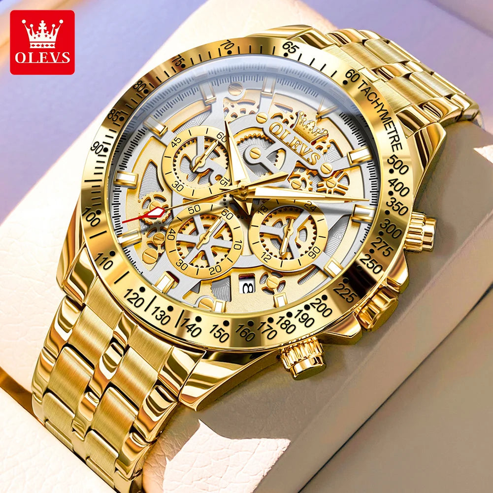 Men's Gold Skeleton Chronograph Watch – Stainless Steel Wristwatch