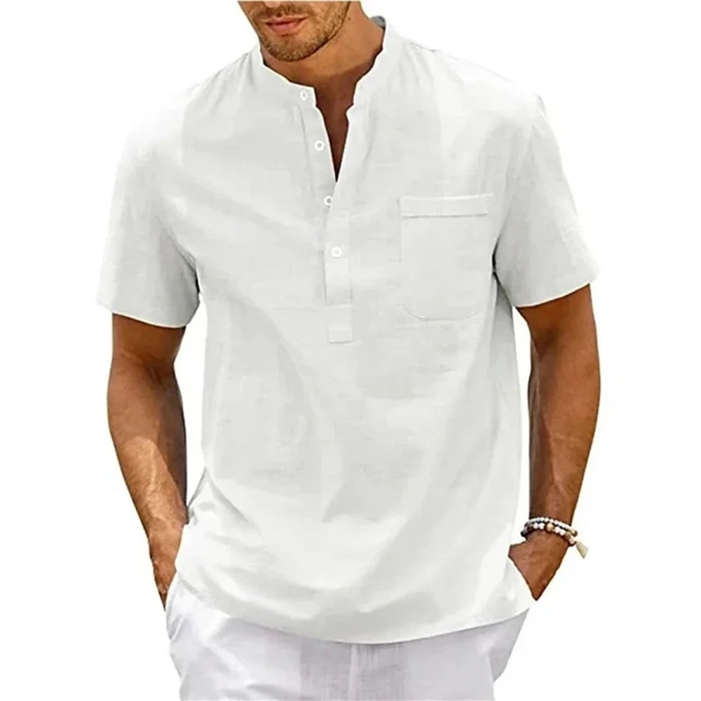 Men's Cotton Linen Henley Shirt – Casual Beach Short-Sleeve Top