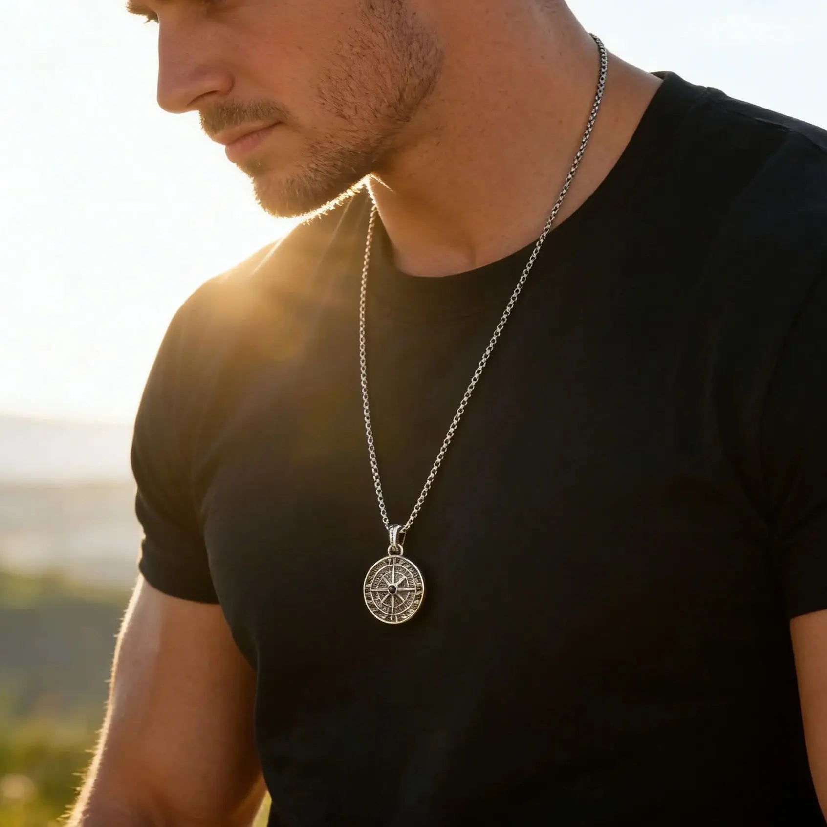 Men's Compass Pendant Necklace – Stainless Steel Chain