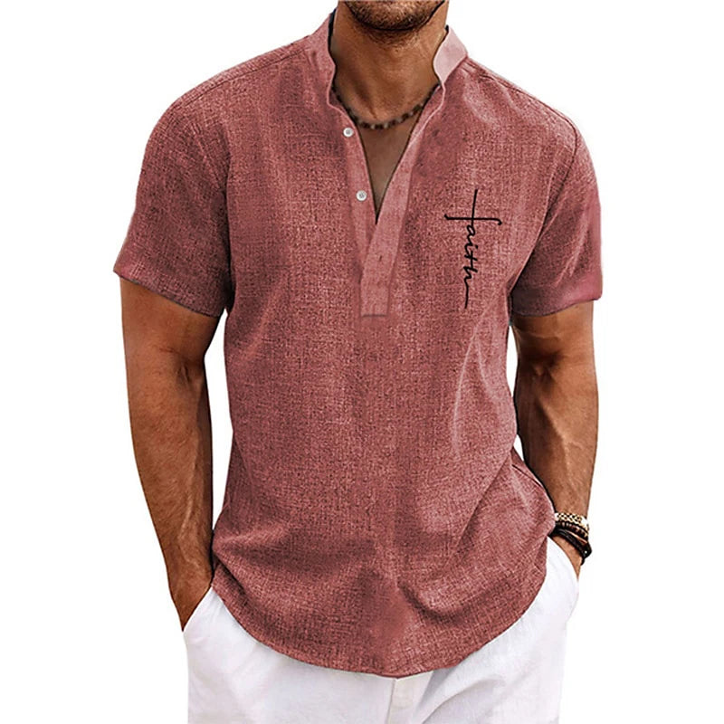 Men's Oversized Henley T-Shirt – Stand Collar Graphic Tee