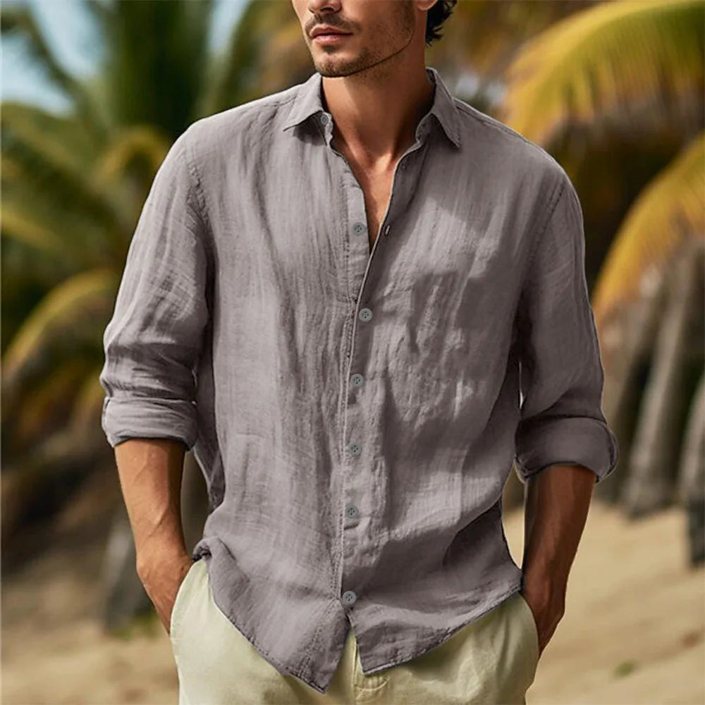Men's Cotton Linen Hawaiian Shirt – Lightweight Turn-Down Collar