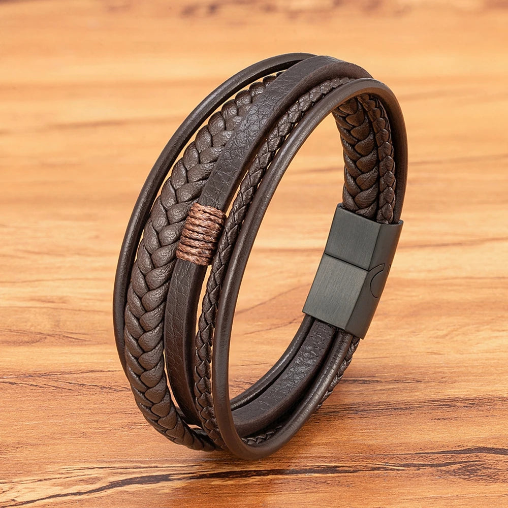 Men's Hand-Woven Leather Bracelet – Multilayer Stainless Steel Bangle