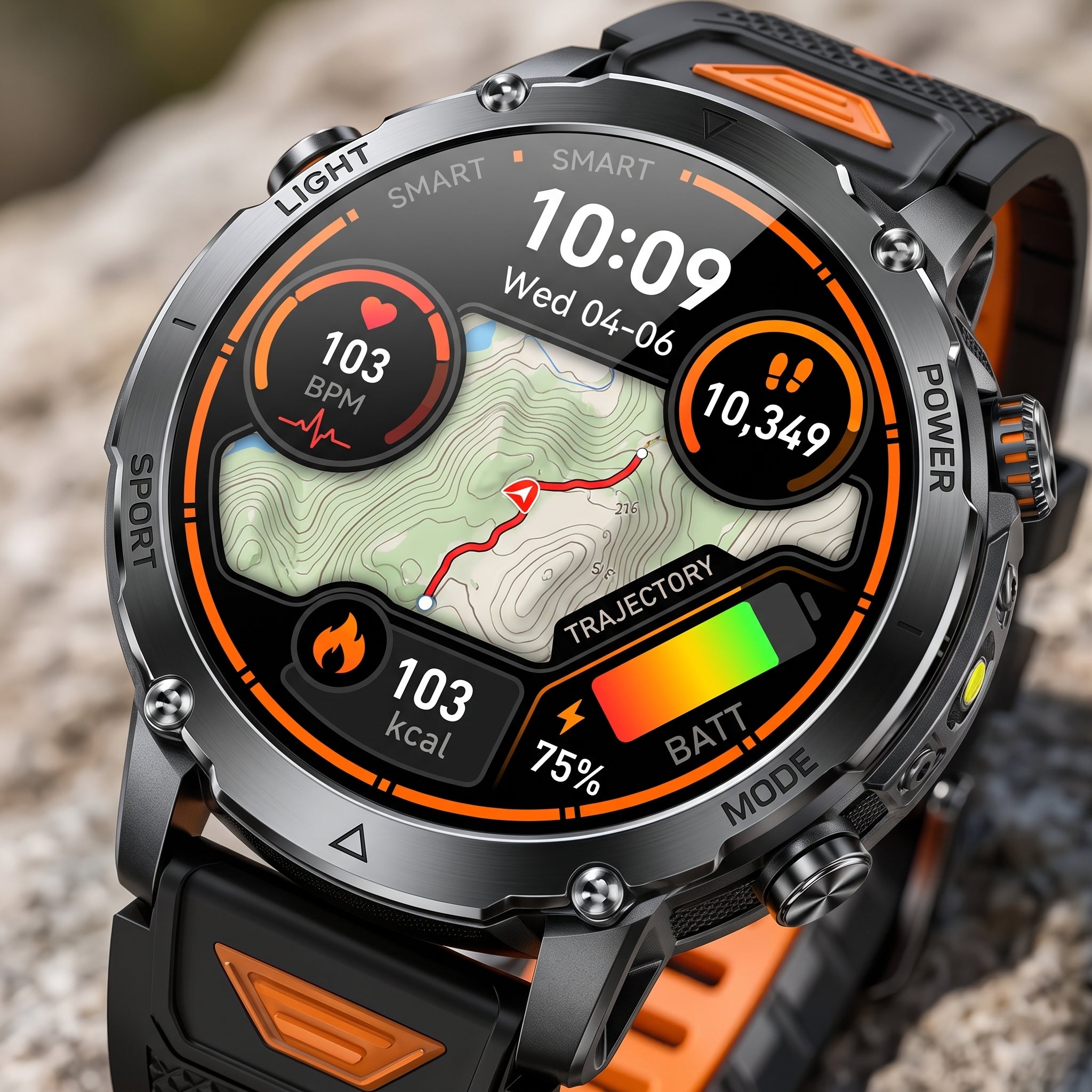 Rugged Tactical Smart Watch – 10ATM Waterproof, LED Flashlight