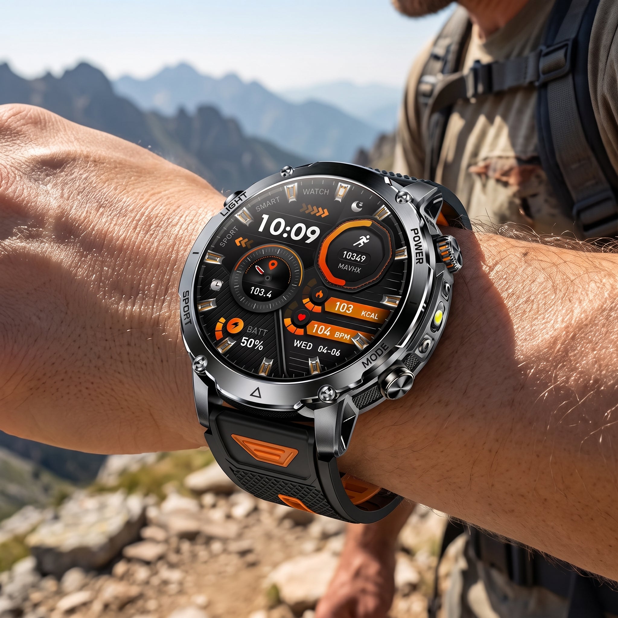 Rugged Tactical Smart Watch – 10ATM Waterproof, LED Flashlight