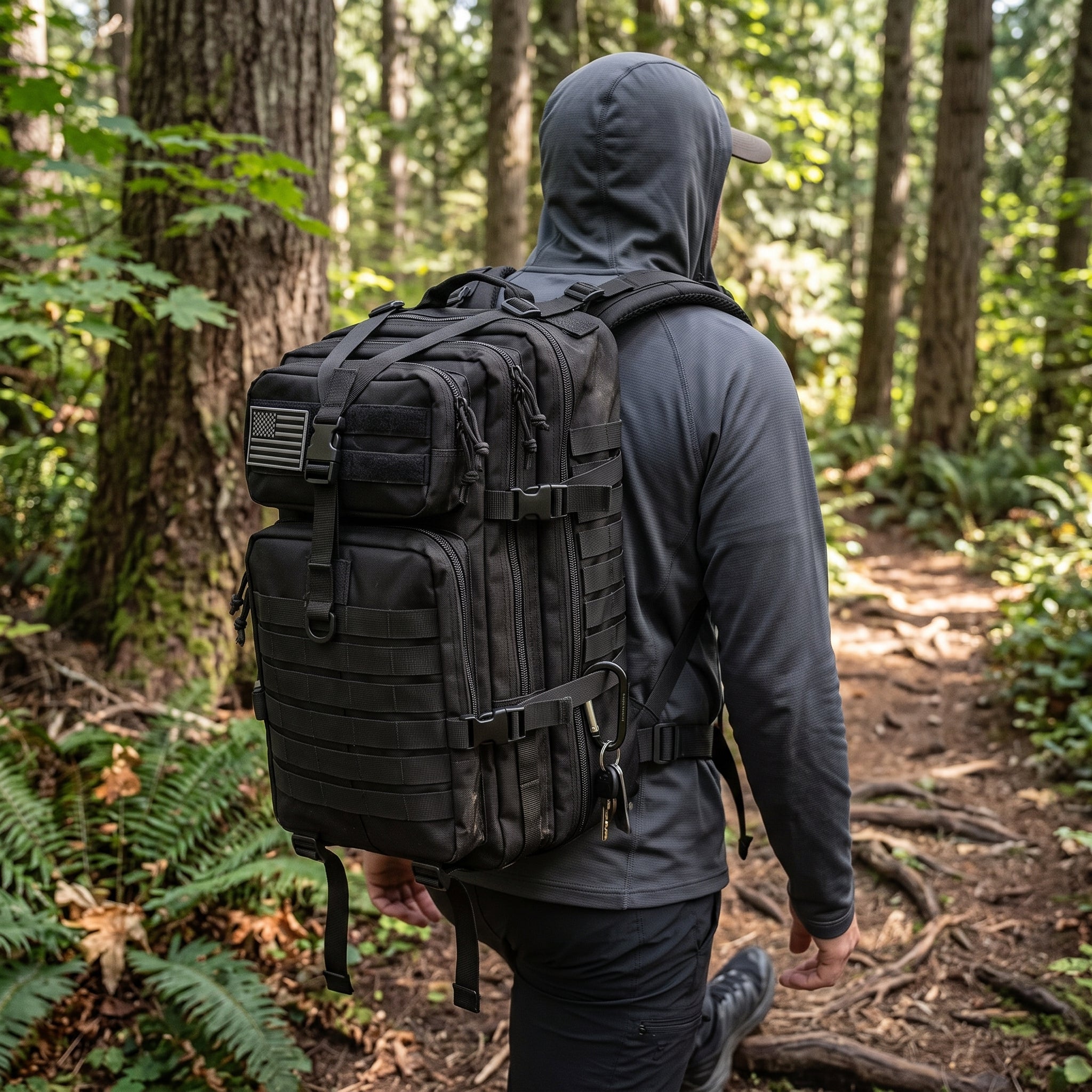 Man hiking through a forest wearing the Vellaro tactical backpack